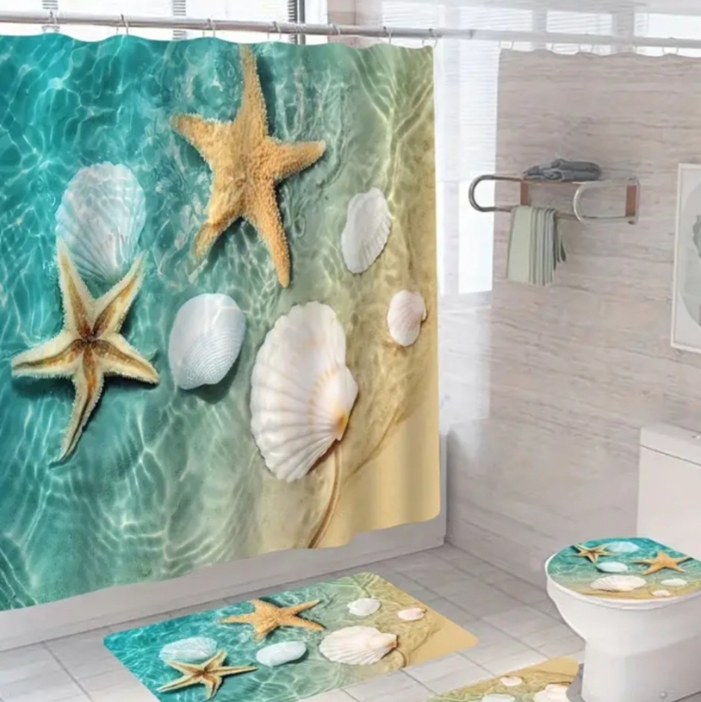 HOME GOODS SEASIDE SEASHELLS & STARFISH FABRIC SHOWER CURTAIN NWT